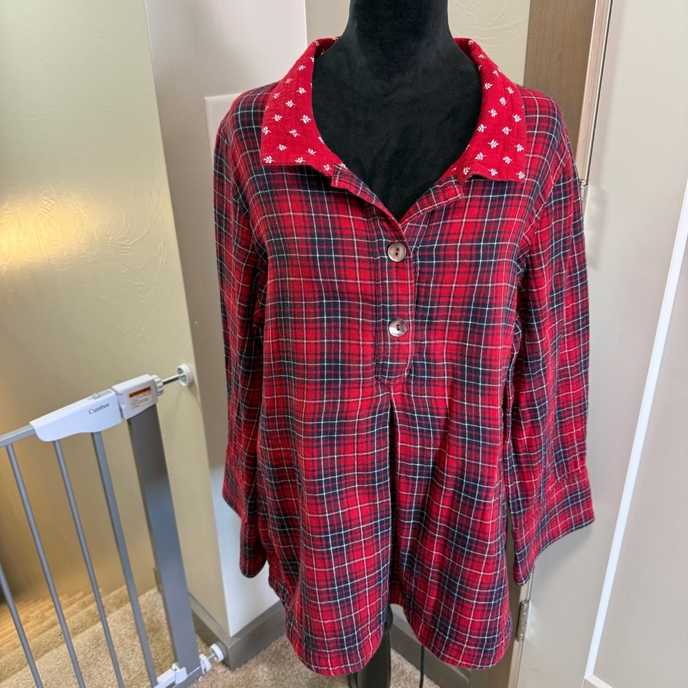 Appleseeds Red Plaid Cotton Gauze 1/2 Button Popover Blouse Top Farm Floral L